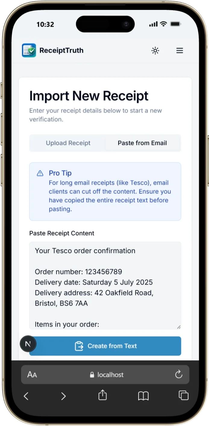 Import a receipt by email forward, paste, or photo upload