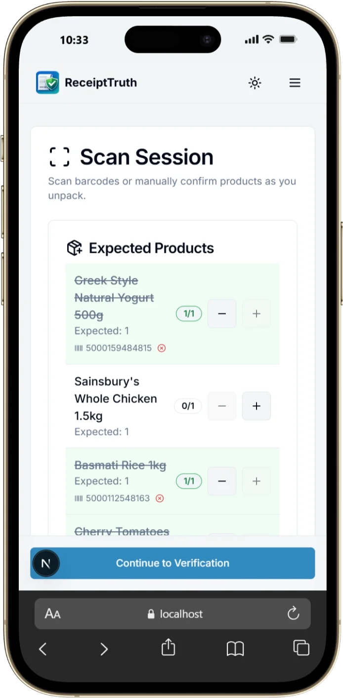 Scan barcodes and confirm items as you unpack your delivery