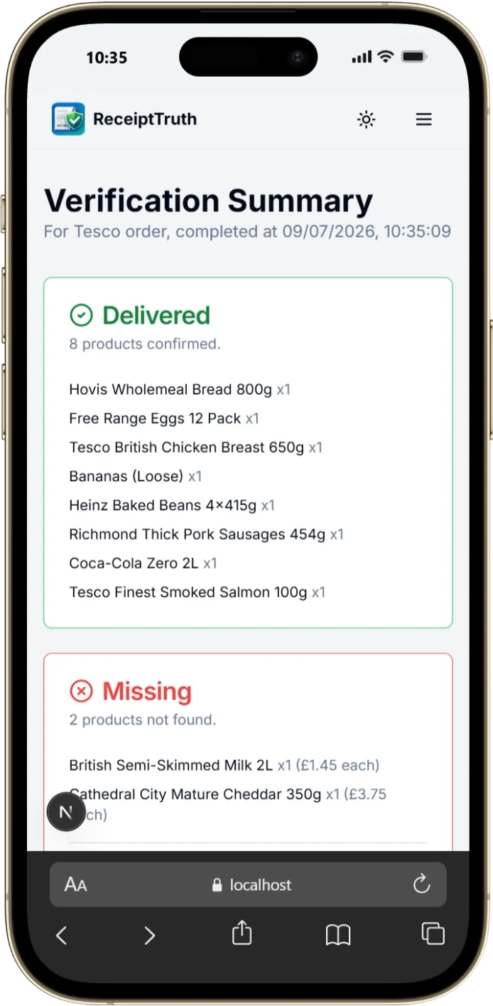 Verification summary with missing items and copy-ready refund text